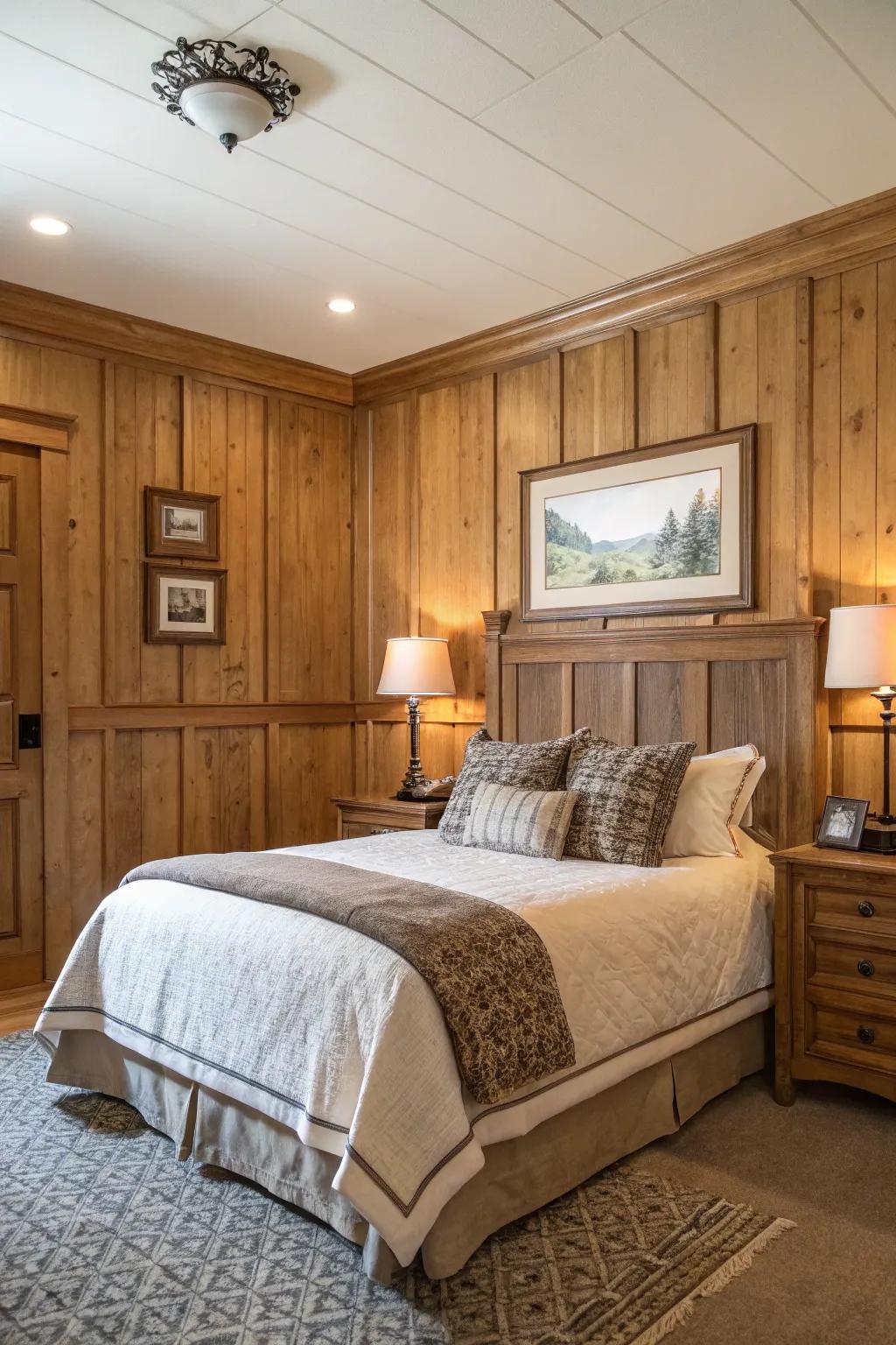 Bedroom with elegant picture frame molding on wood paneling.