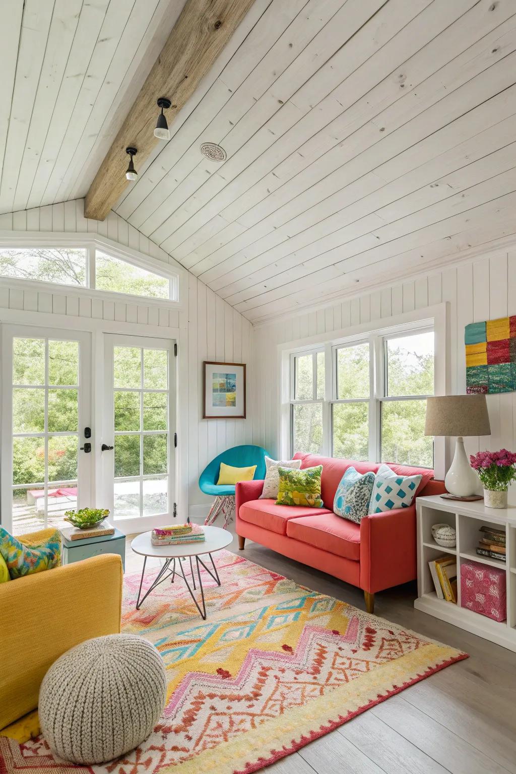 Whitewashed planks brighten and open up this compact living area.