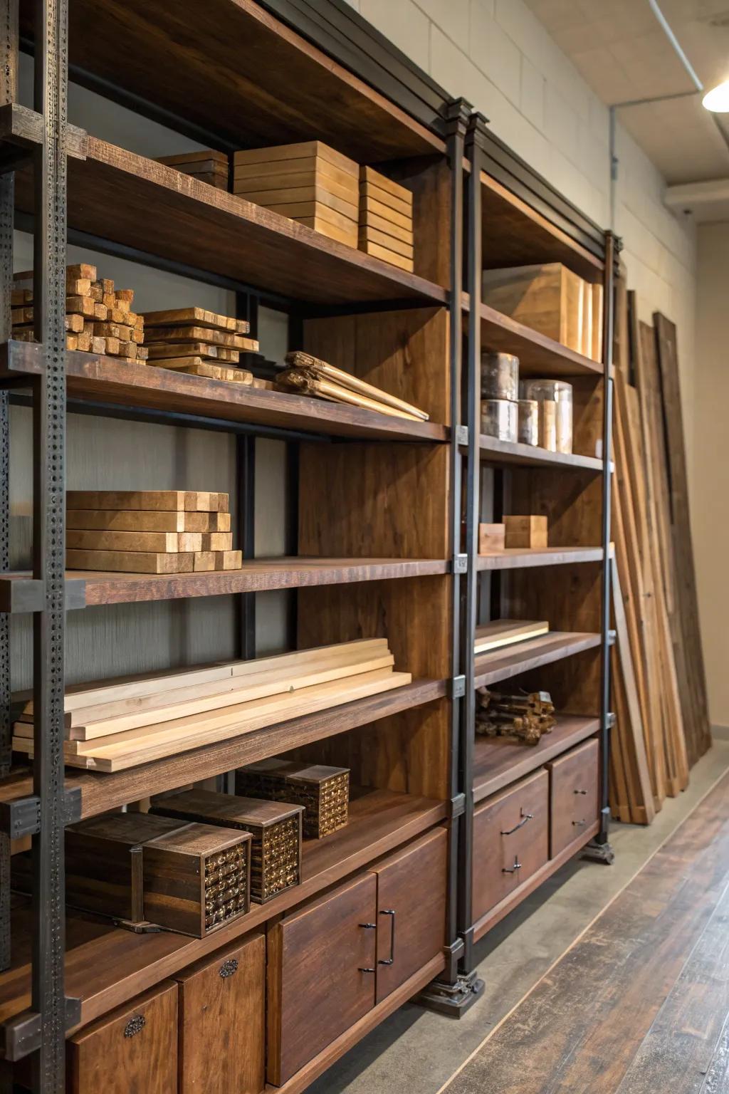 Elevate your workshop organization with a custom-crafted multi-tiered shelving solution.