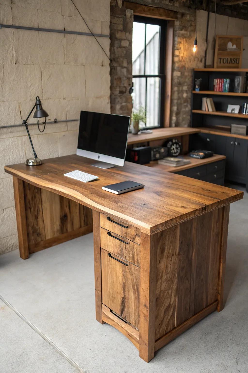 Elevate your workspace with the elegance of a handcrafted L-shaped wood slab desk.