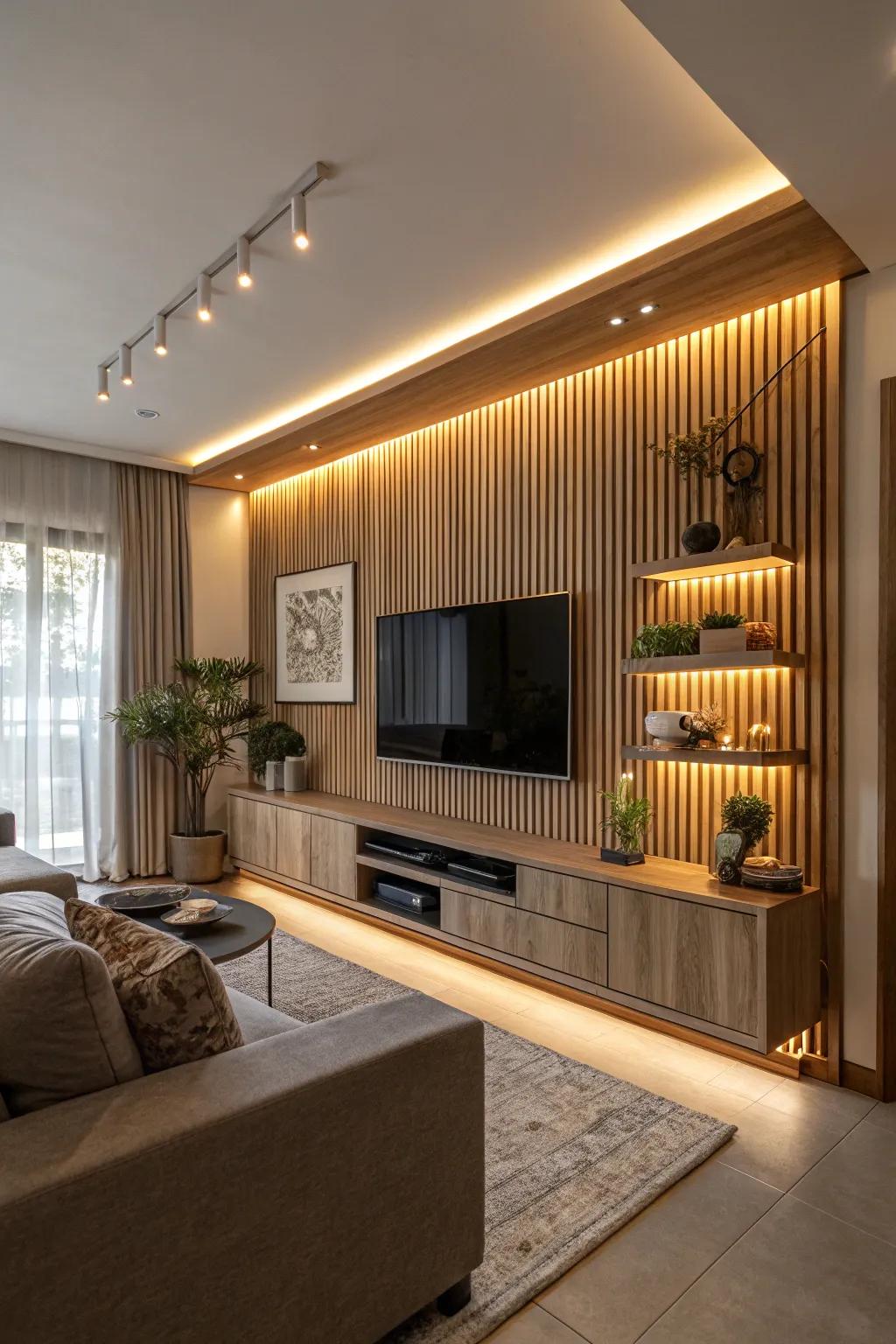 Hidden lighting behind wood slats adds warmth and ambiance.