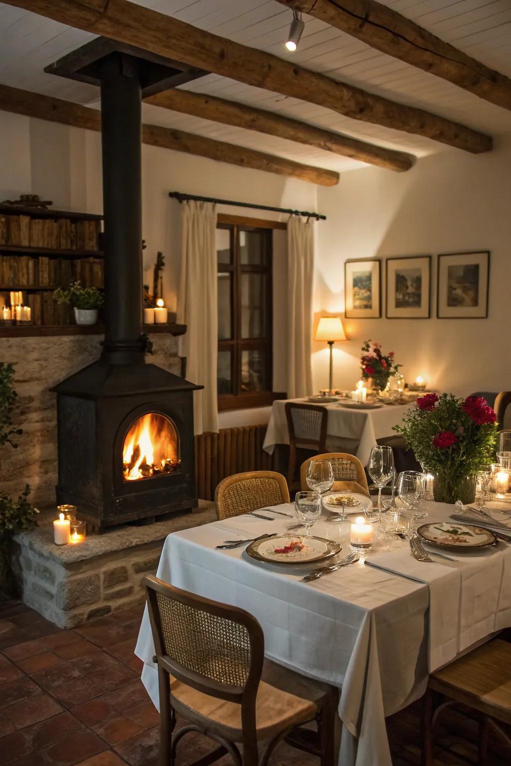 A wood stove adds warmth and charm to this inviting dining room.