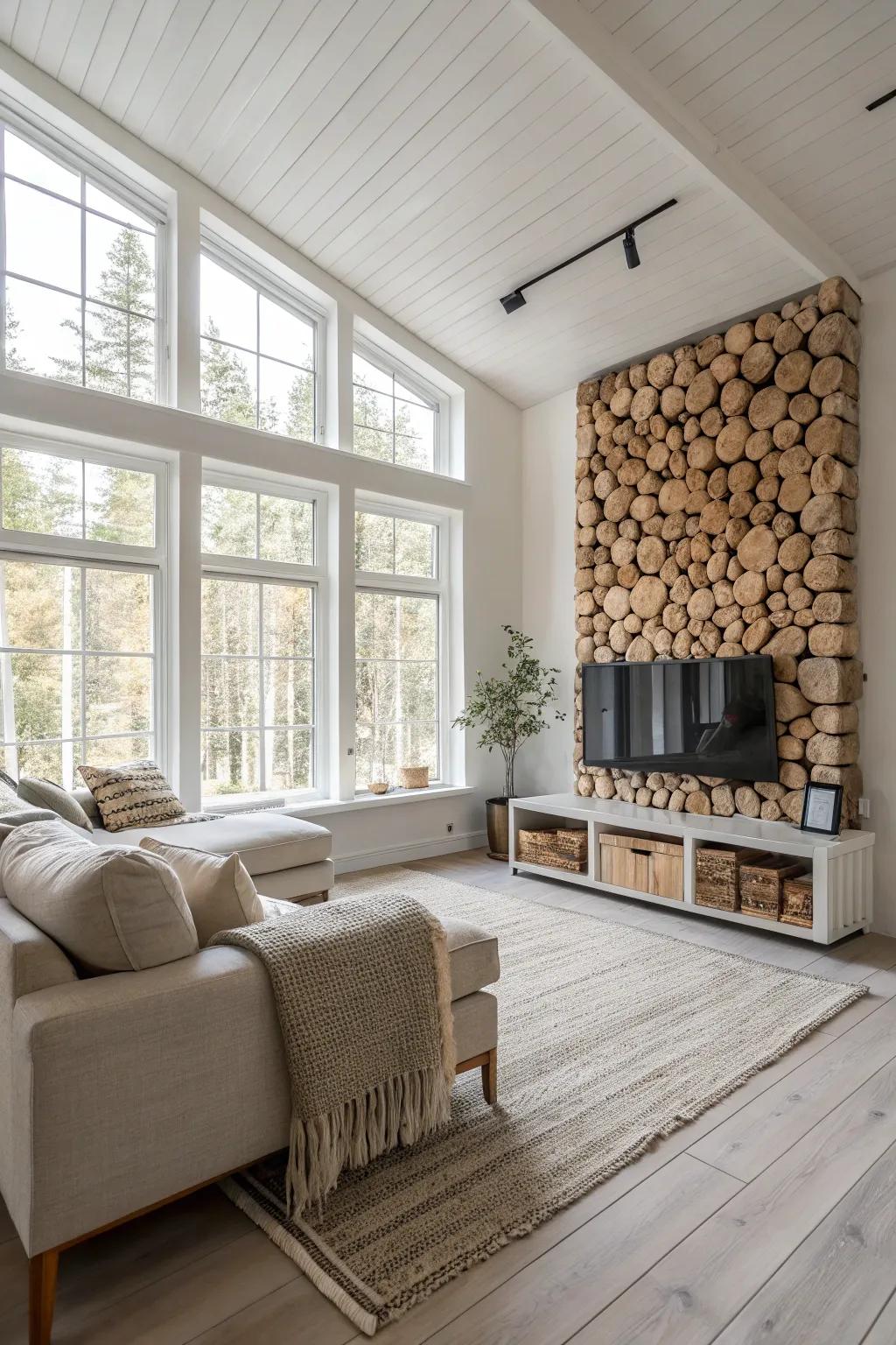 Minimalist living room with sleek stacked wood planks.