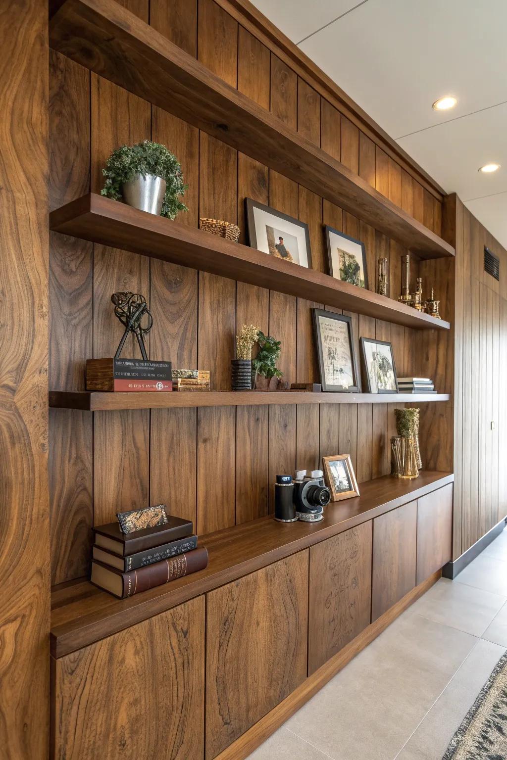 Elevate your space with the elegance of wood and the functionality of shelving.