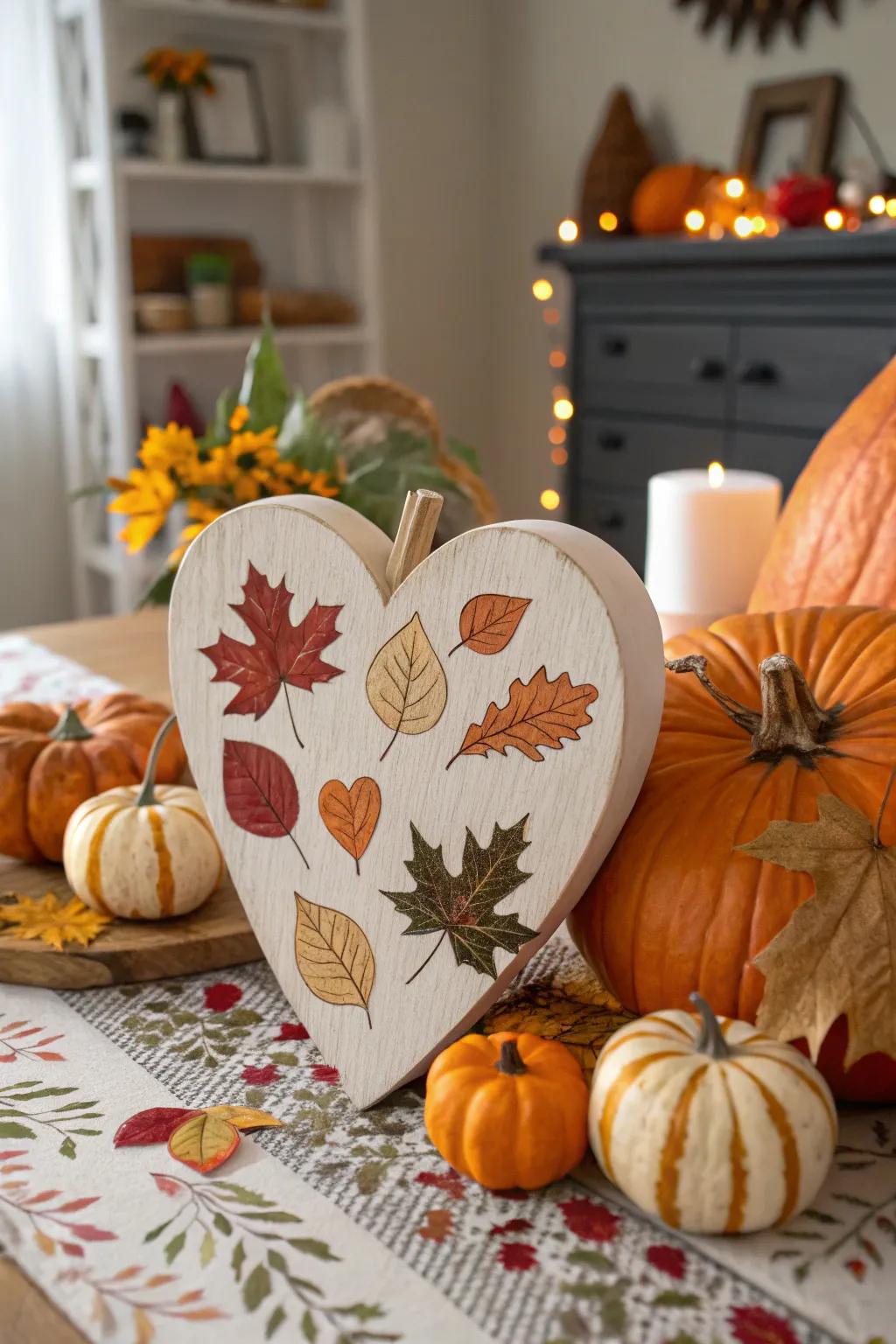 Embrace the seasons with a themed wooden heart design.