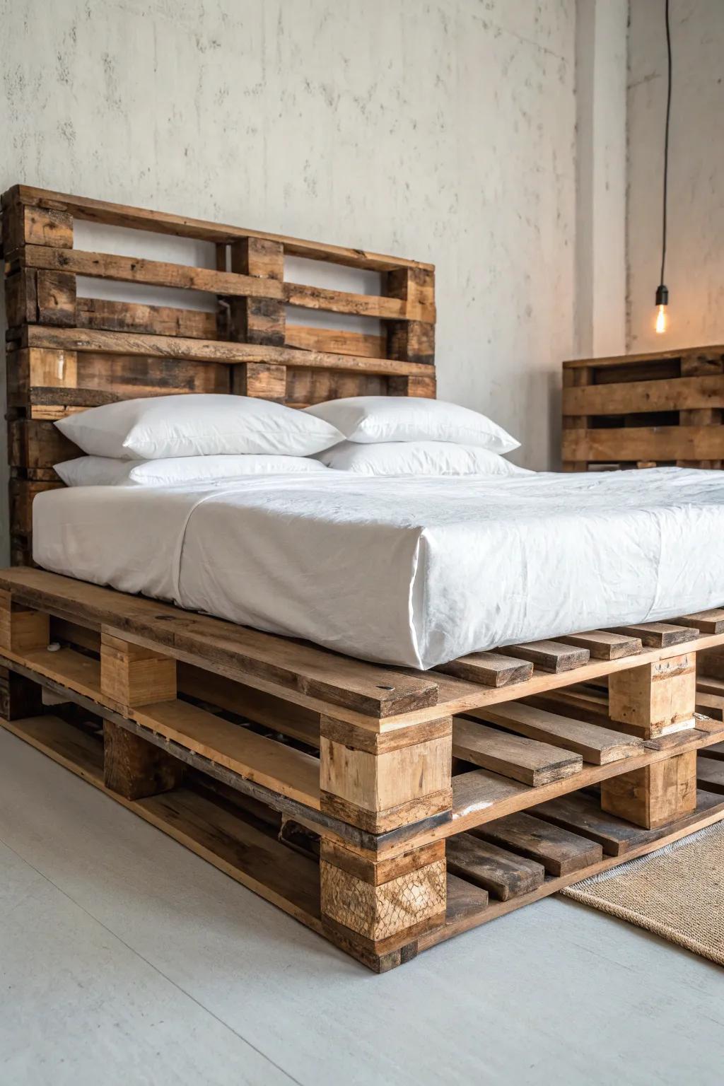 Transform your space with a handcrafted pallet bed frame—where rustic charm meets industrial elegance.