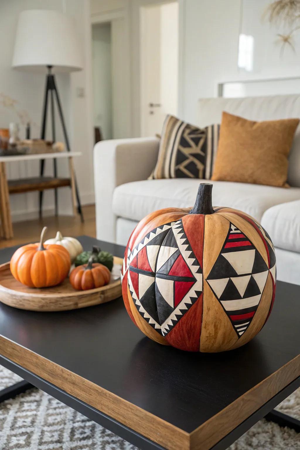 Modern geometric designs add a contemporary flair to traditional pumpkins.