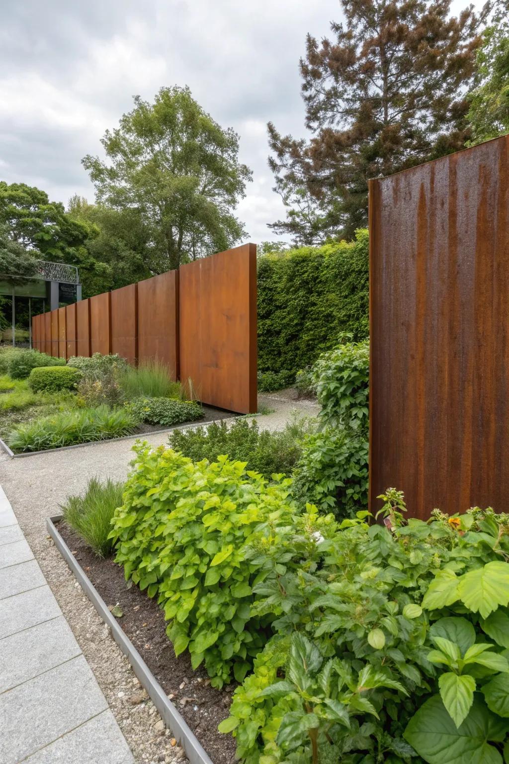 Corten steel panels add a rustic and modern touch to yard divisions.