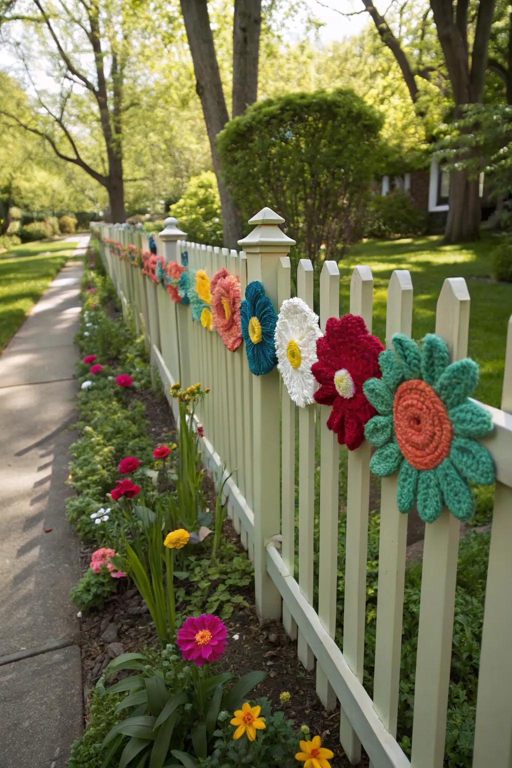 Yarn flowers bring perpetual bloom to the garden fence.