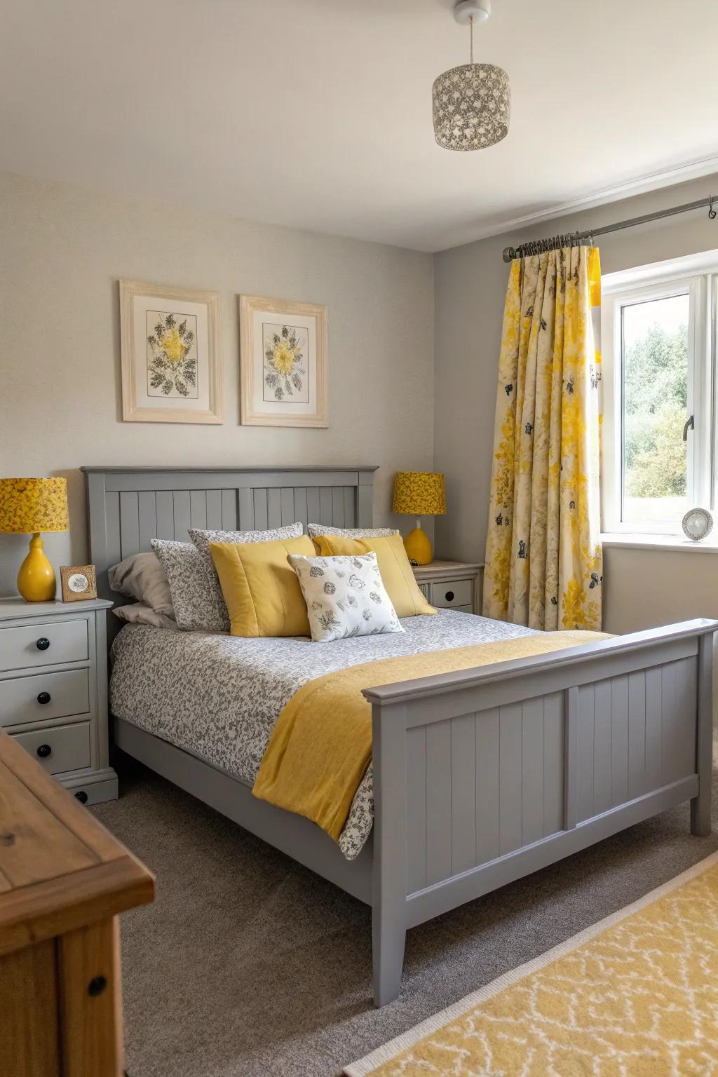 Grey furniture enhanced by vibrant yellow accents for a chic look.