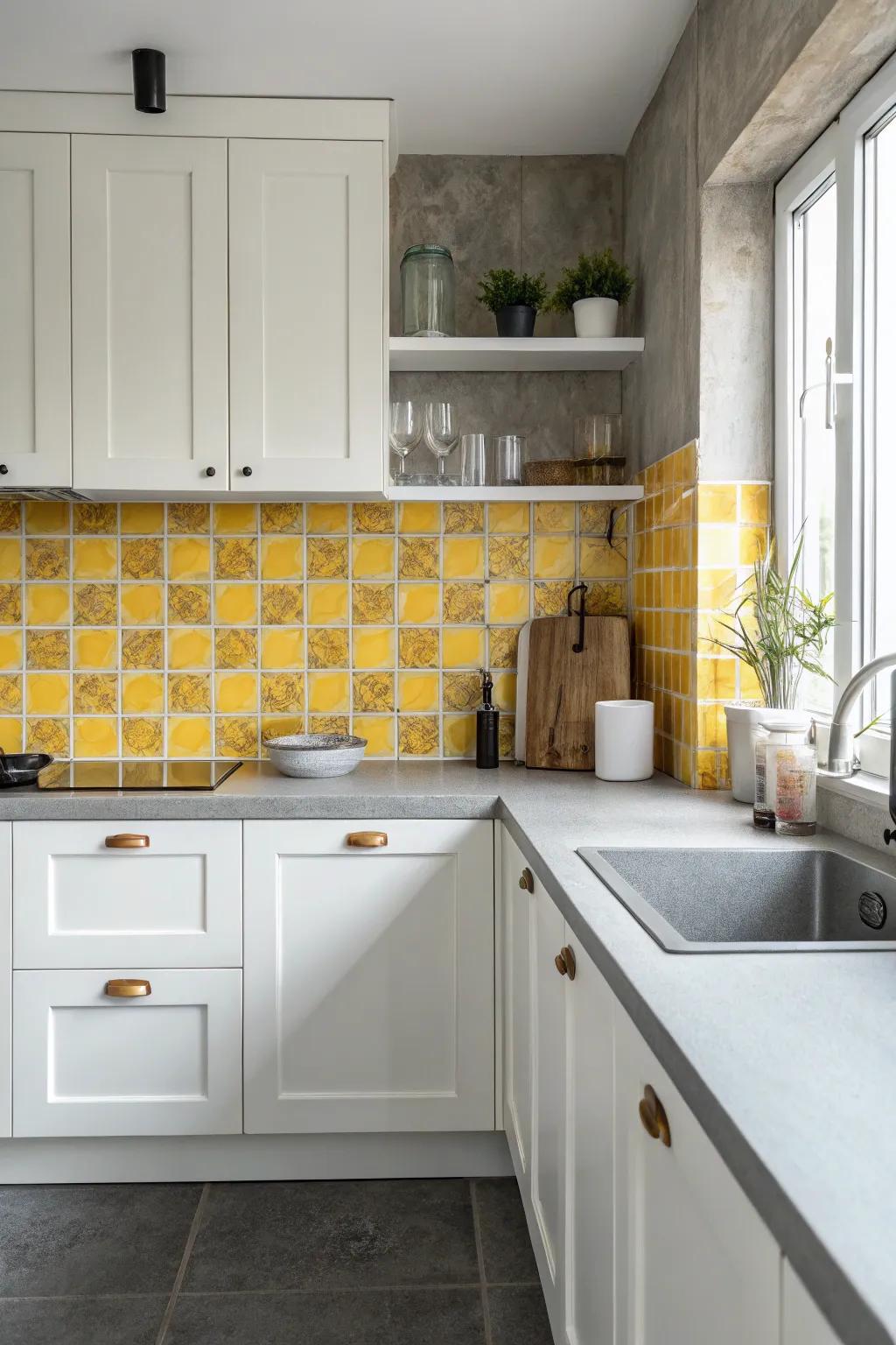 Mosaic tiles weave together yellow and grey for a delicate yet striking effect.