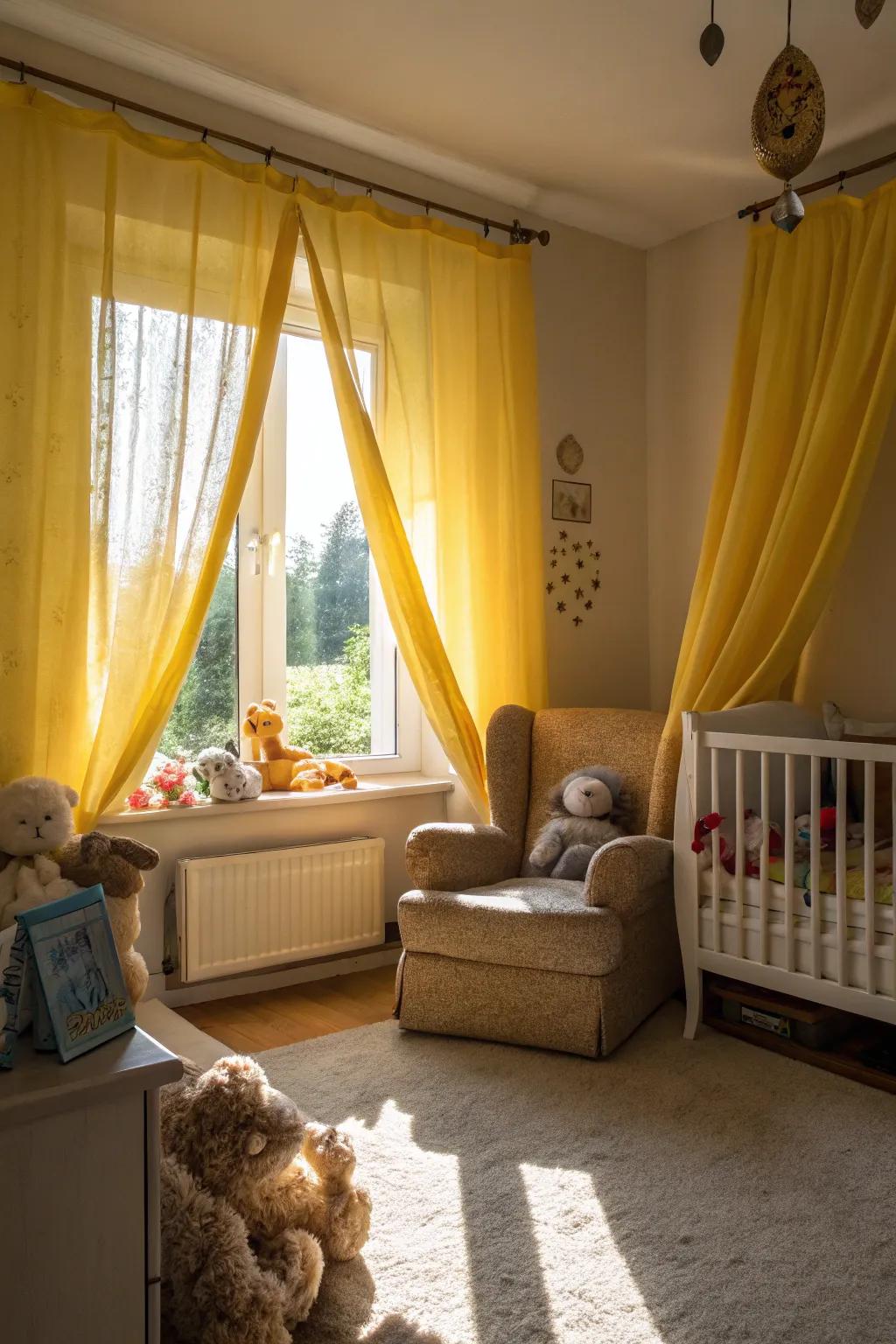 Yellow curtains bring a soft and warm glow to this inviting nursery.