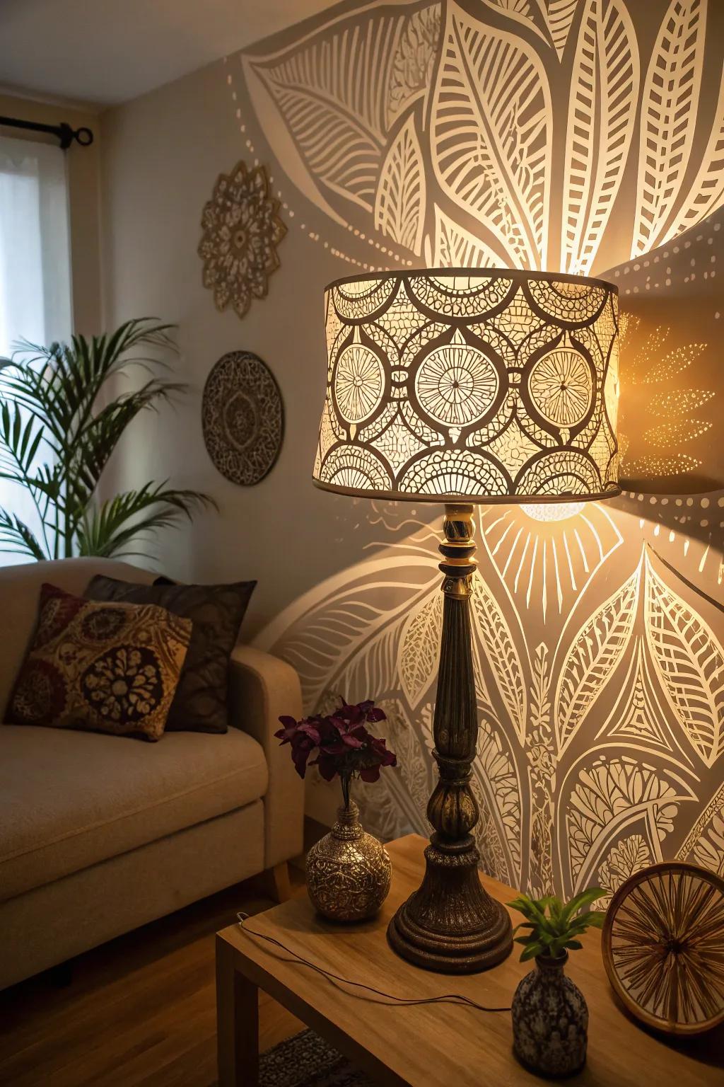 Zentangle lampshades create artistic light patterns.