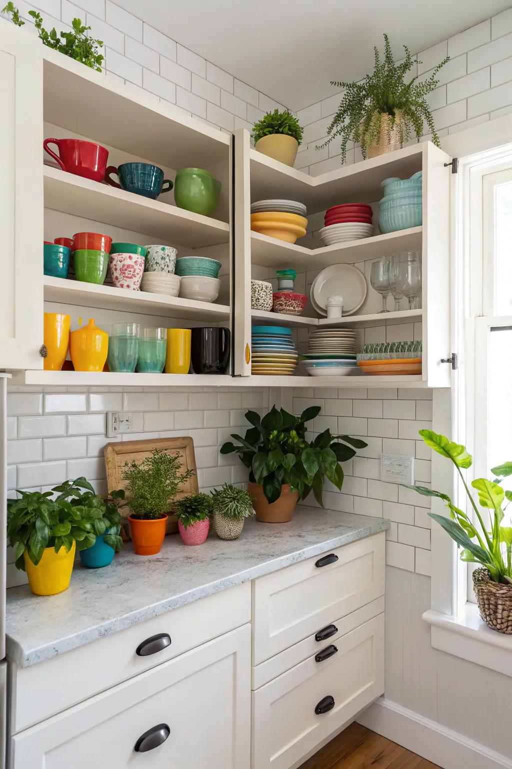 Open shelving adds personality and accessibility to a compact kitchen.