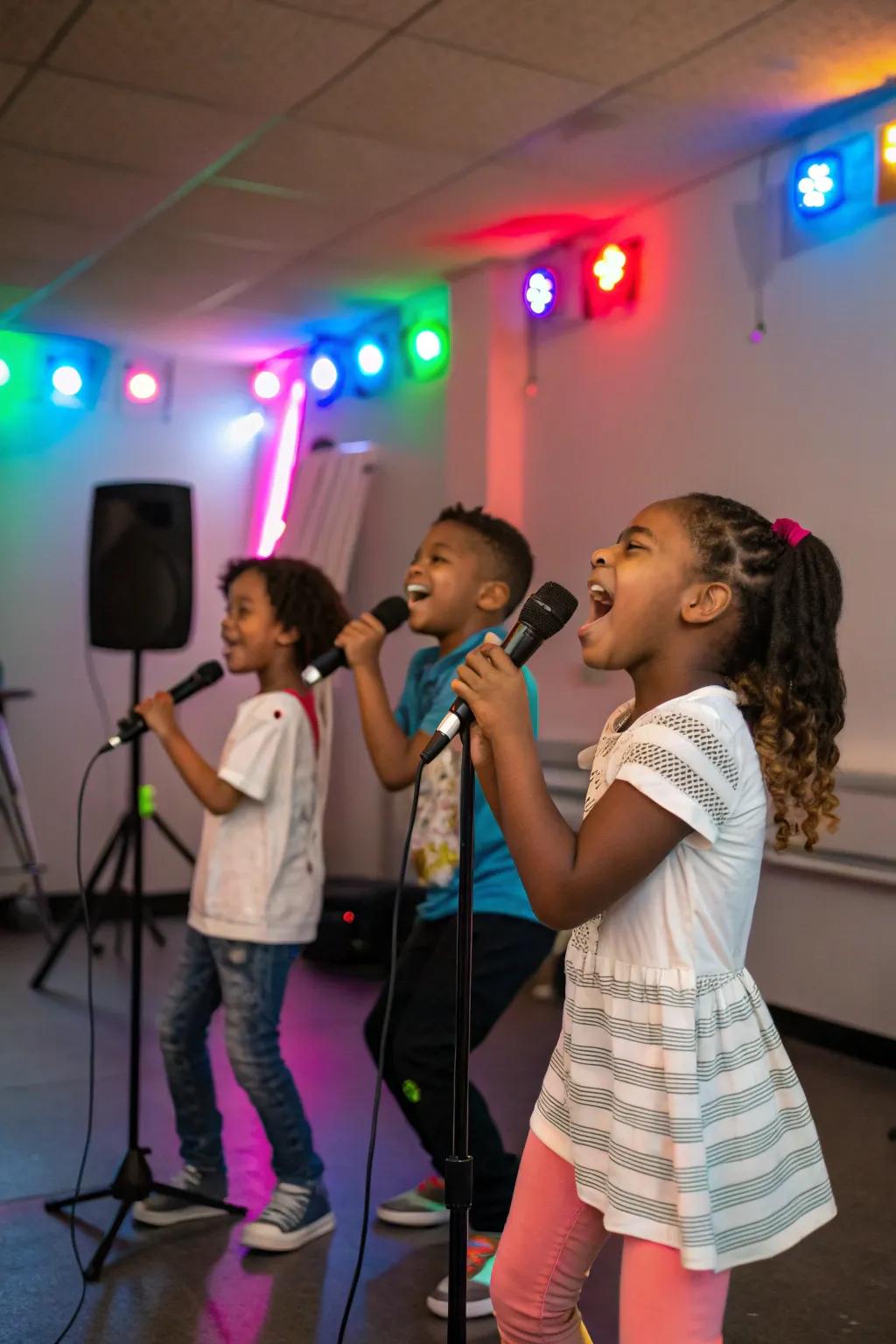 A karaoke party lets kids showcase their talents and enjoy the spotlight.