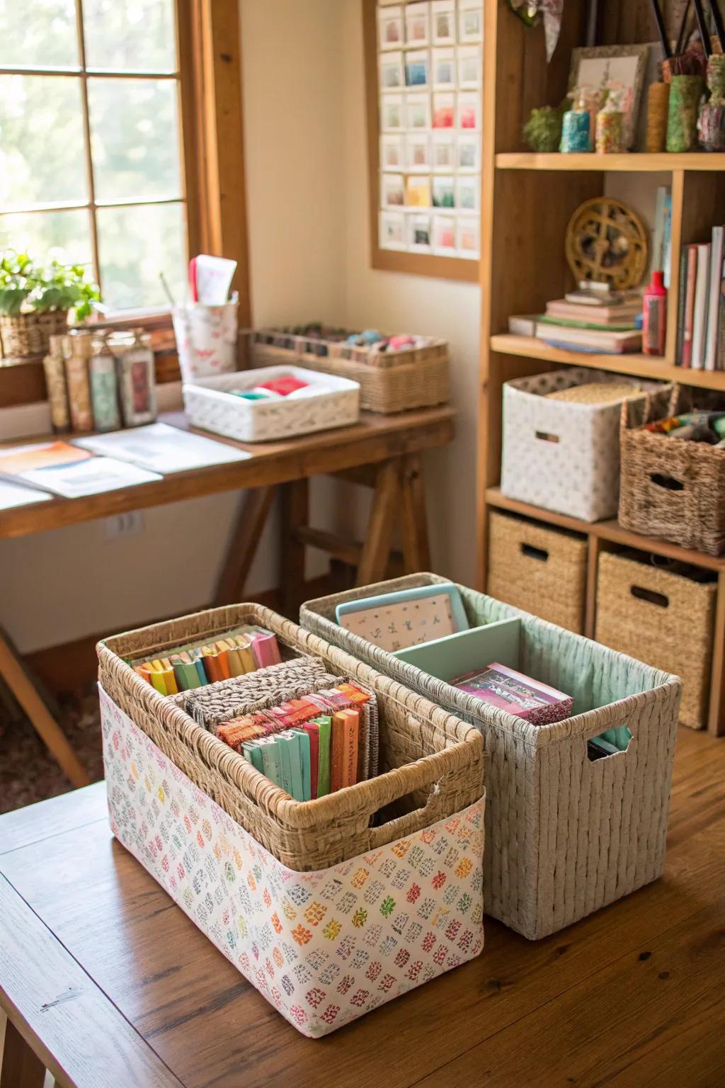 Decorative bins provide a stylish way to store your papers while enhancing your room's decor.