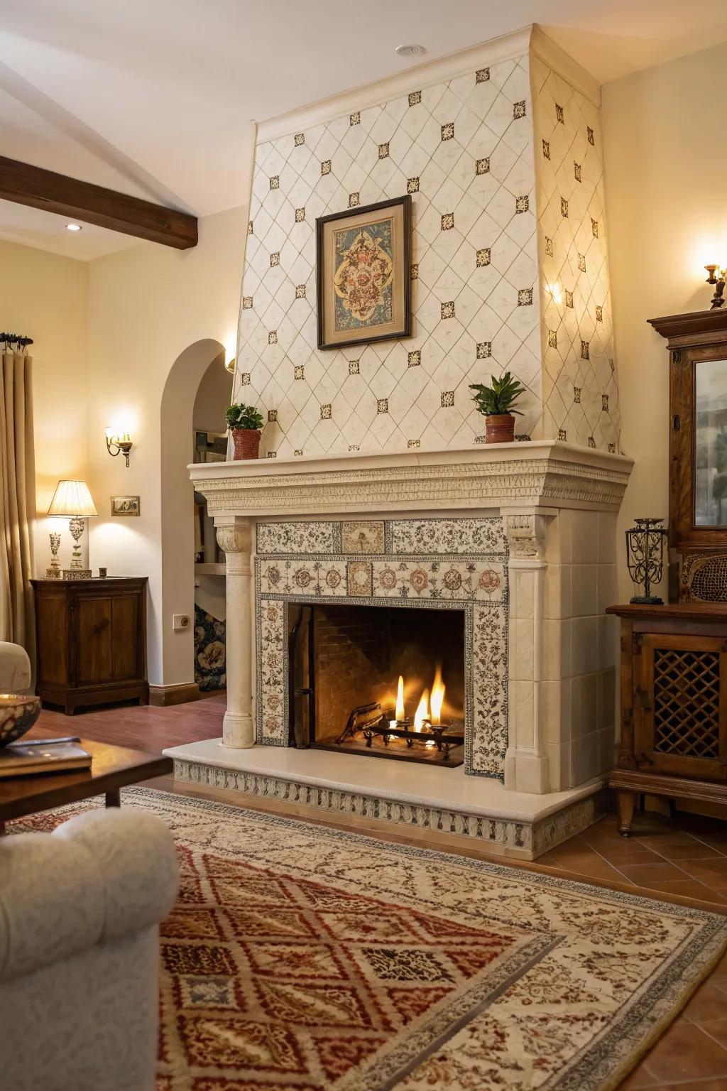 A statement fireplace serves as a focal point and gathering spot in any 1930s-inspired room.