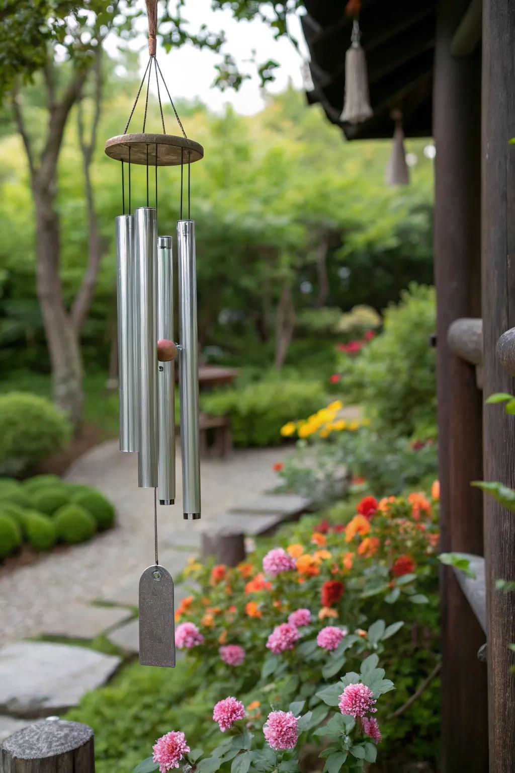 Silver wind chimes add melodic charm to any garden.