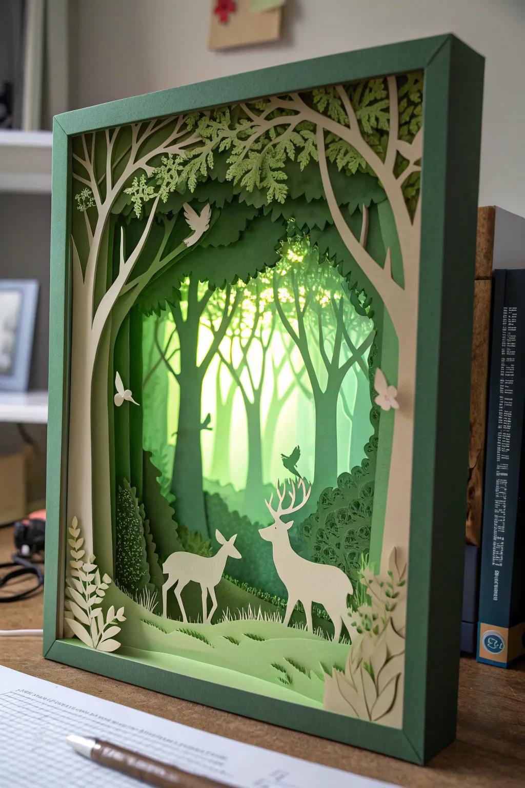 Step into a handcrafted forest oasis, where layers of paper bring nature to life.