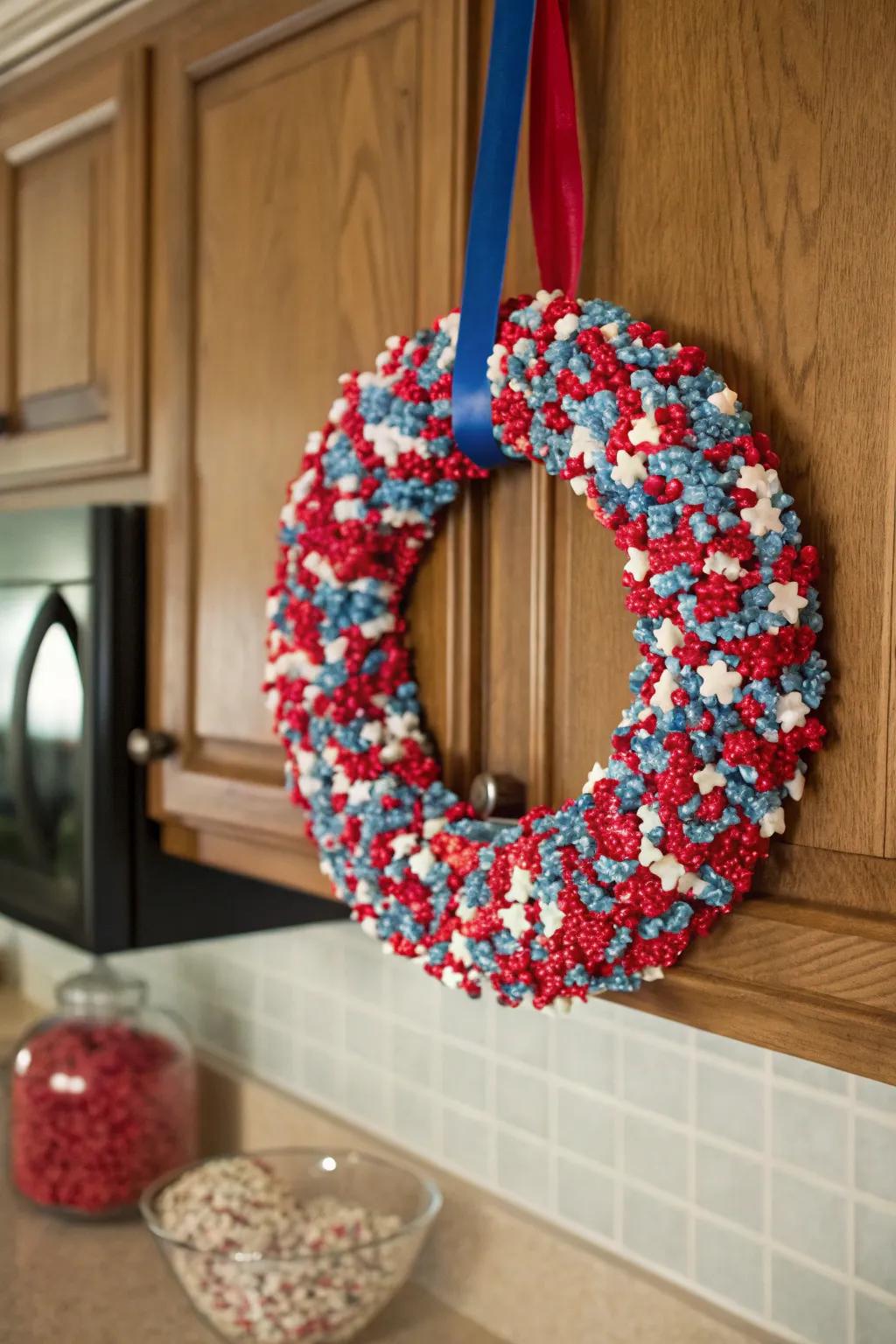 A sweet and colorful candy-covered wreath perfect for holiday gatherings.