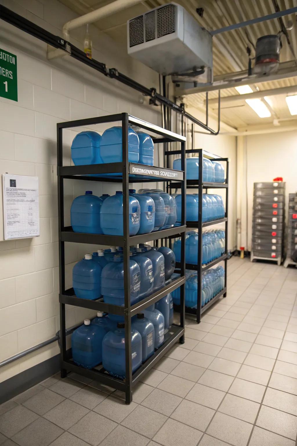 Stackable racks are perfect for organizing multiple jugs.