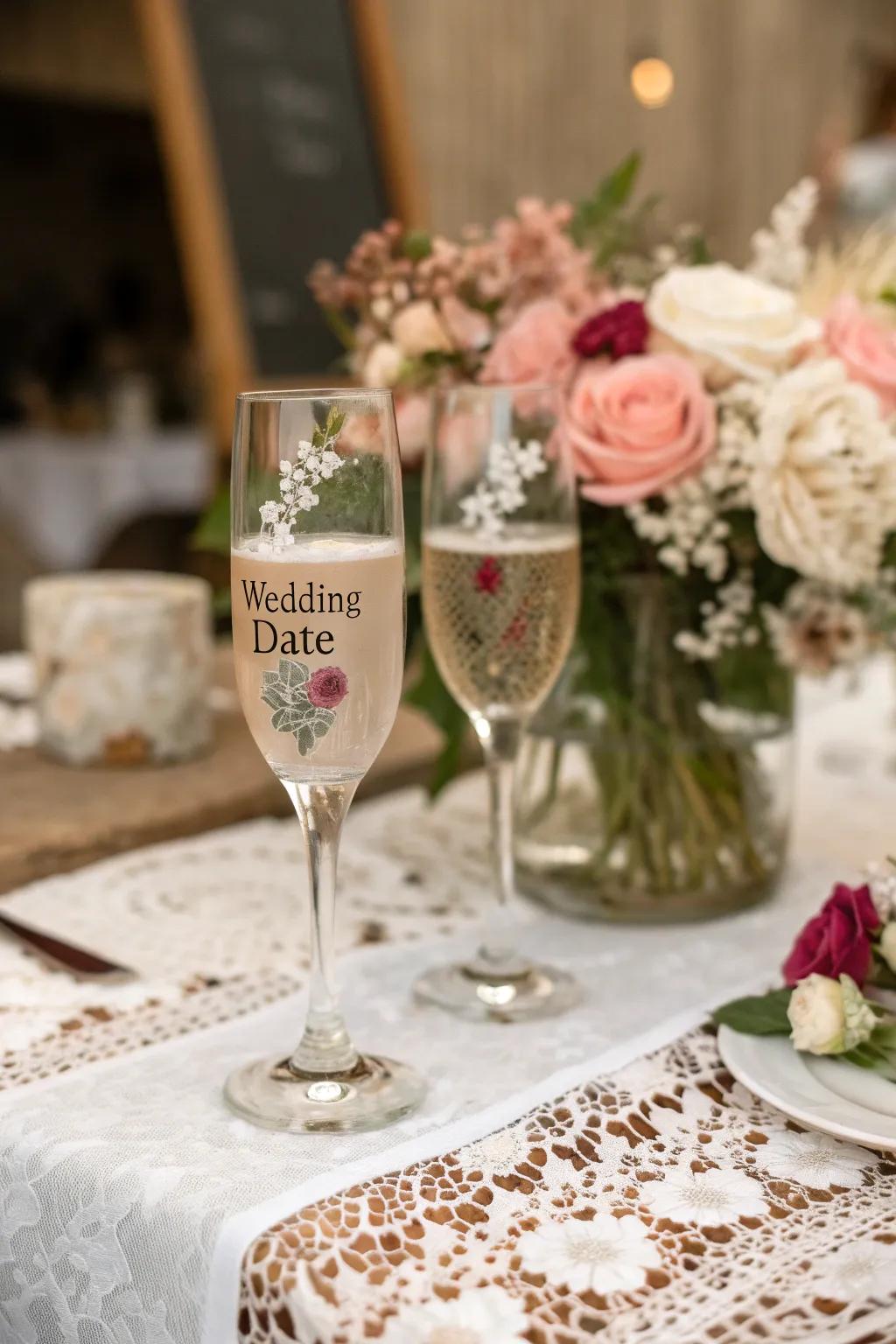 Personalized wine glasses serve as elegant decor and a keepsake.