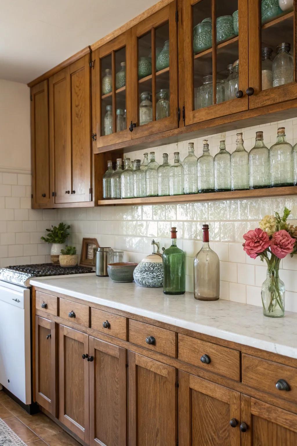 Antique glass bottles bring rustic charm to the kitchen.