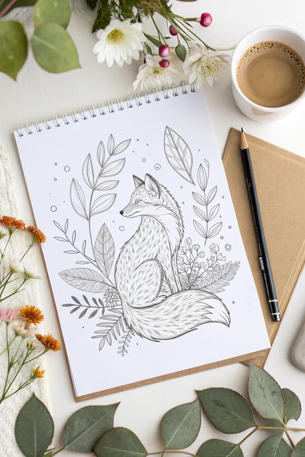 Discover tranquility in every stroke with this stunning fox coloring page, where Scandinavian minimalism meets Boho charm.