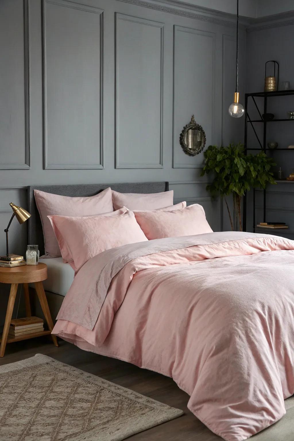 Blush pink bedding offers a delicate contrast to grey walls.