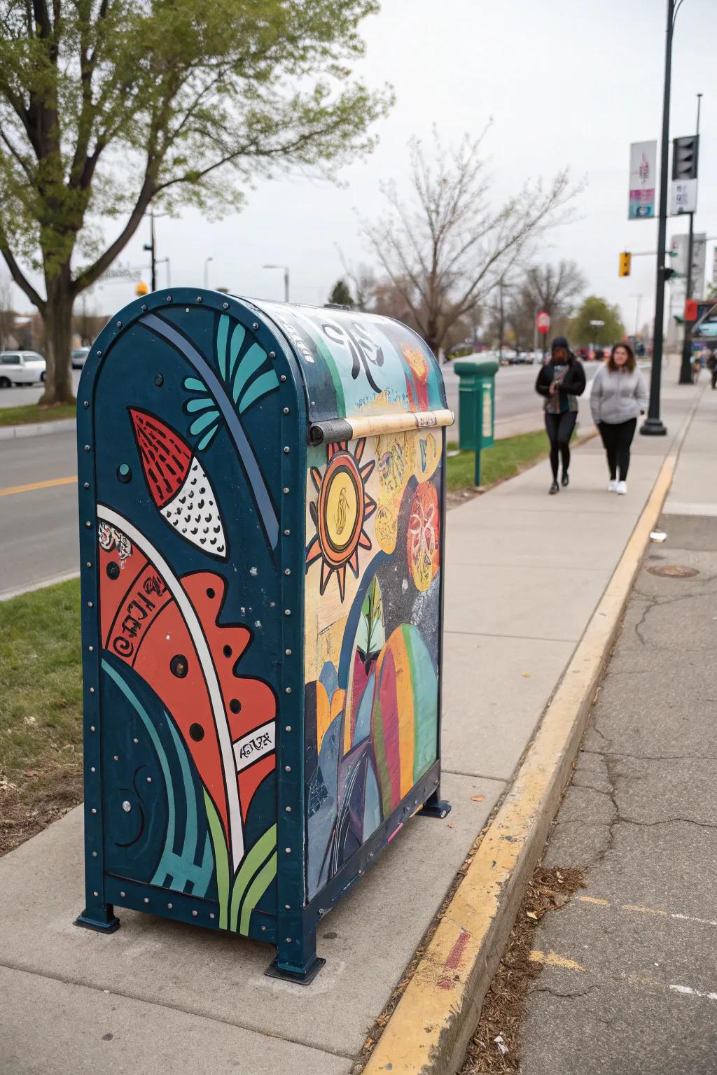 An artistic mailbox featuring a hand-painted abstract mural.