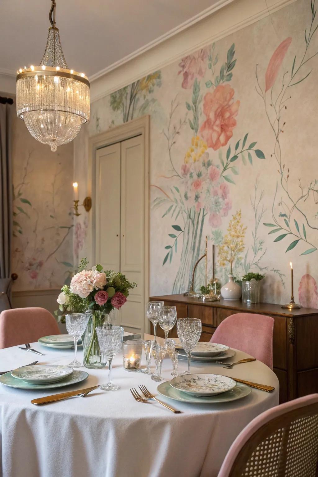 A dining room with watercolor wallpaper offering a tranquil atmosphere.