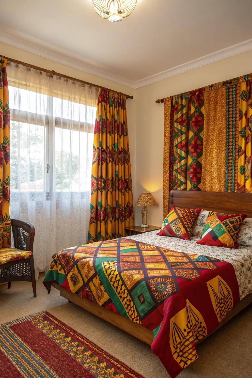 Colorful African fabrics used for curtains and upholstery in a bedroom.