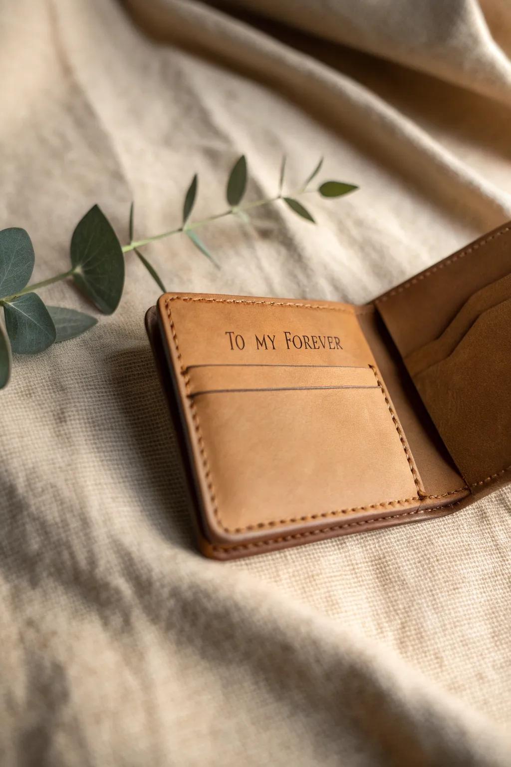 Timeless Love: A leather wallet with a hidden message that whispers 'To My Forever'.