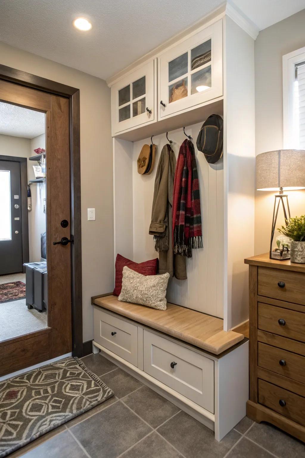 Multi-functional furniture keeps entryways organized.