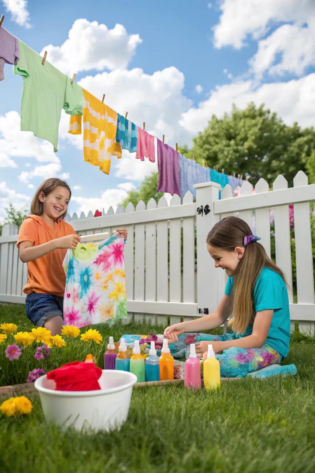 A group of children happily engaged in creating colorful tie-dye t-shirts in a backyard.