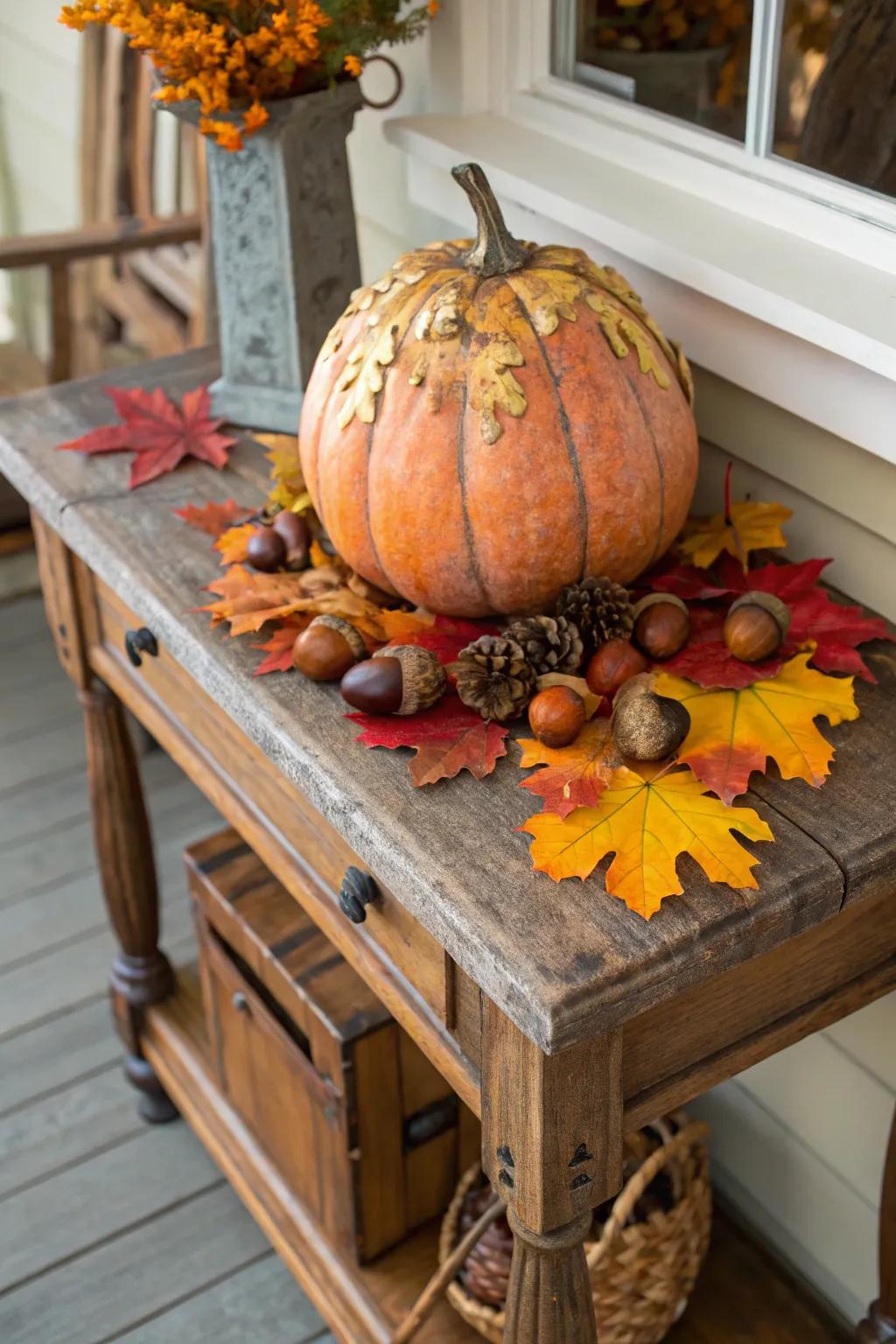 A pumpkin decorated with natural elements, celebrating the beauty of fall.