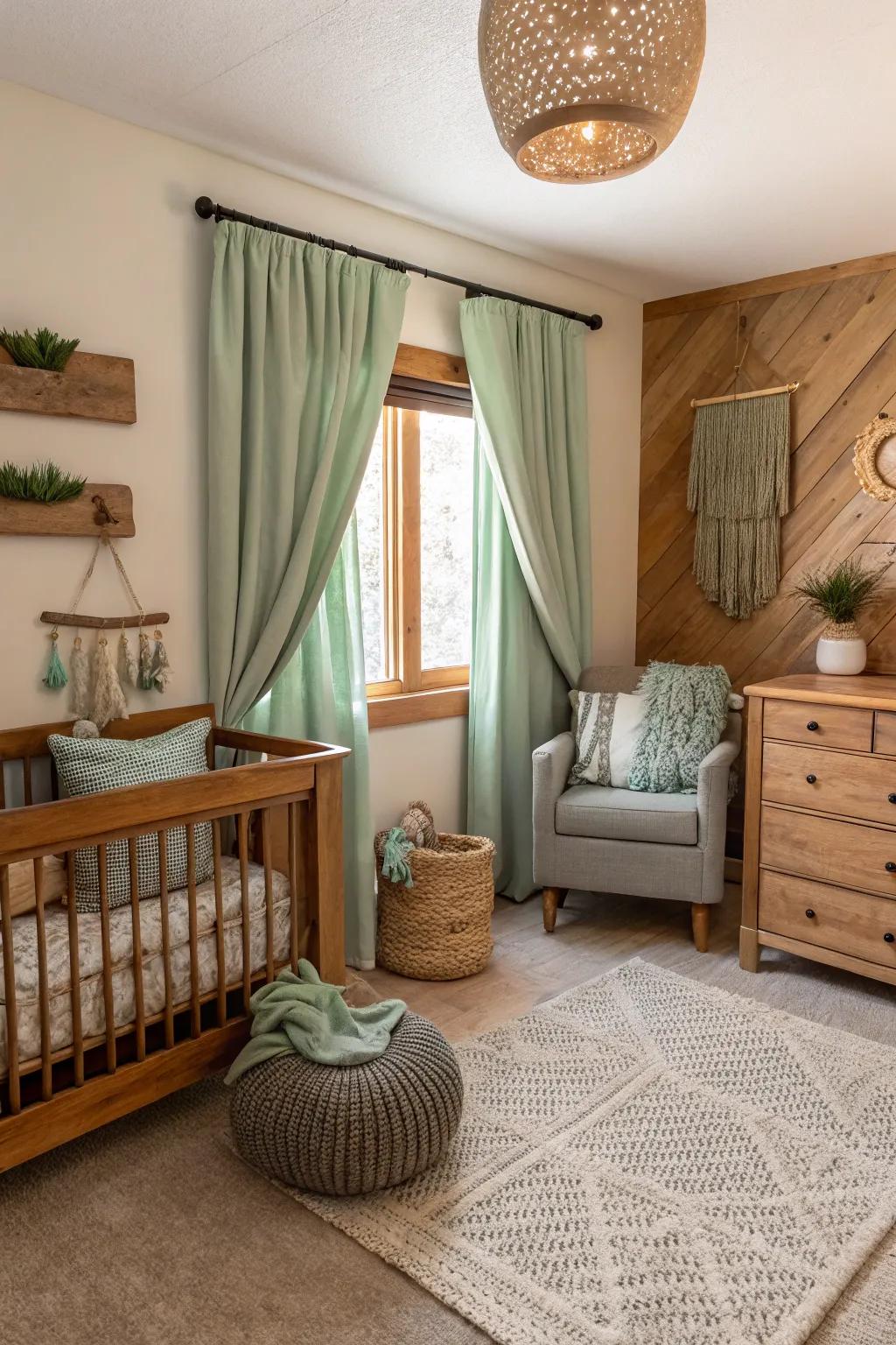 A rustic-themed nursery with natural wood and cozy sage green textiles.