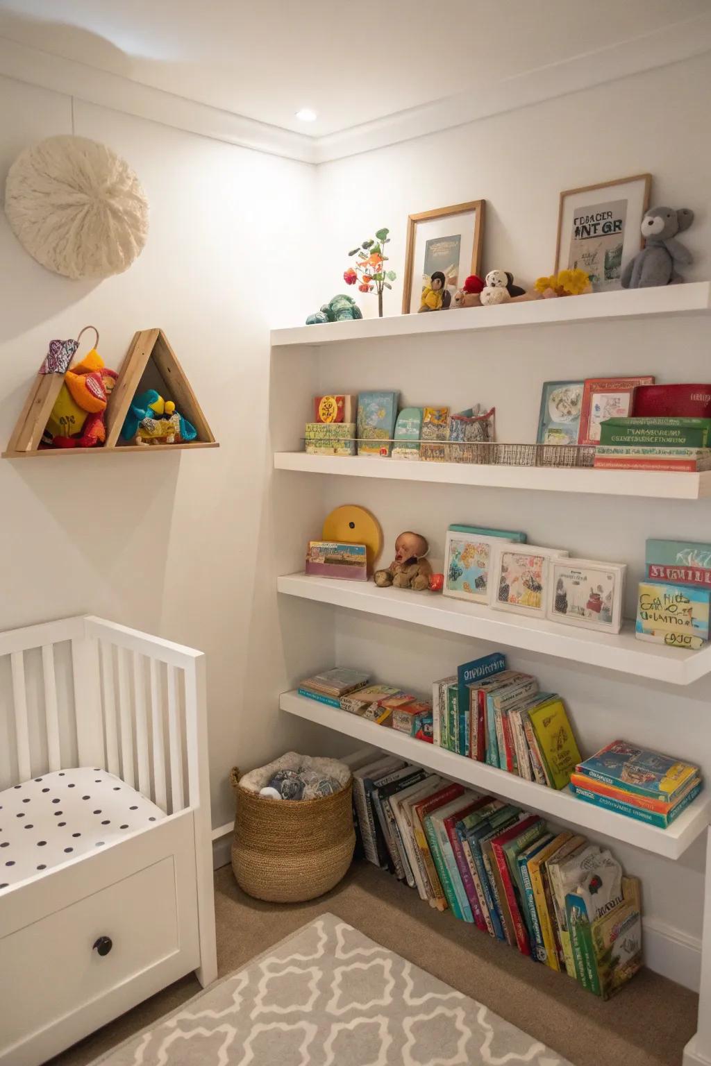 Corner shelves turn unused space into valuable storage in a nursery.