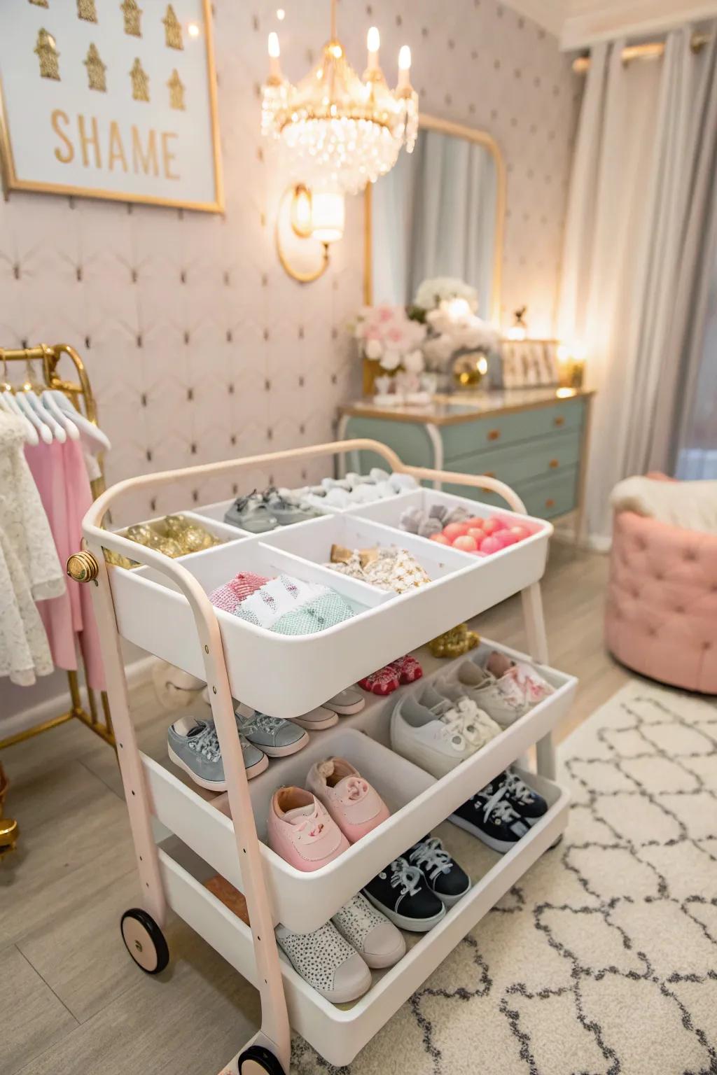 A delightful and organized display of baby footwear.