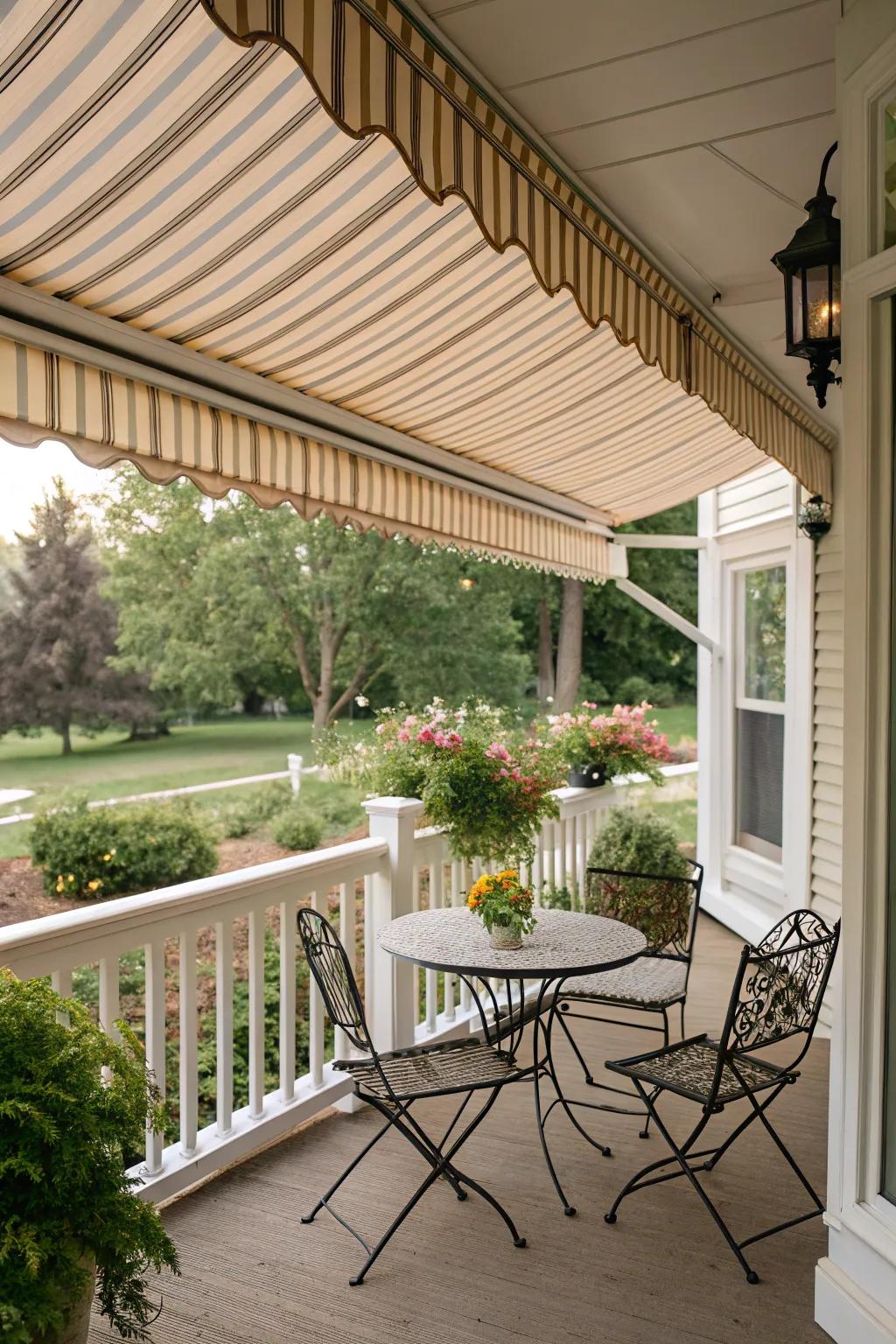 Awning-style roofs offer practical shade with European flair.