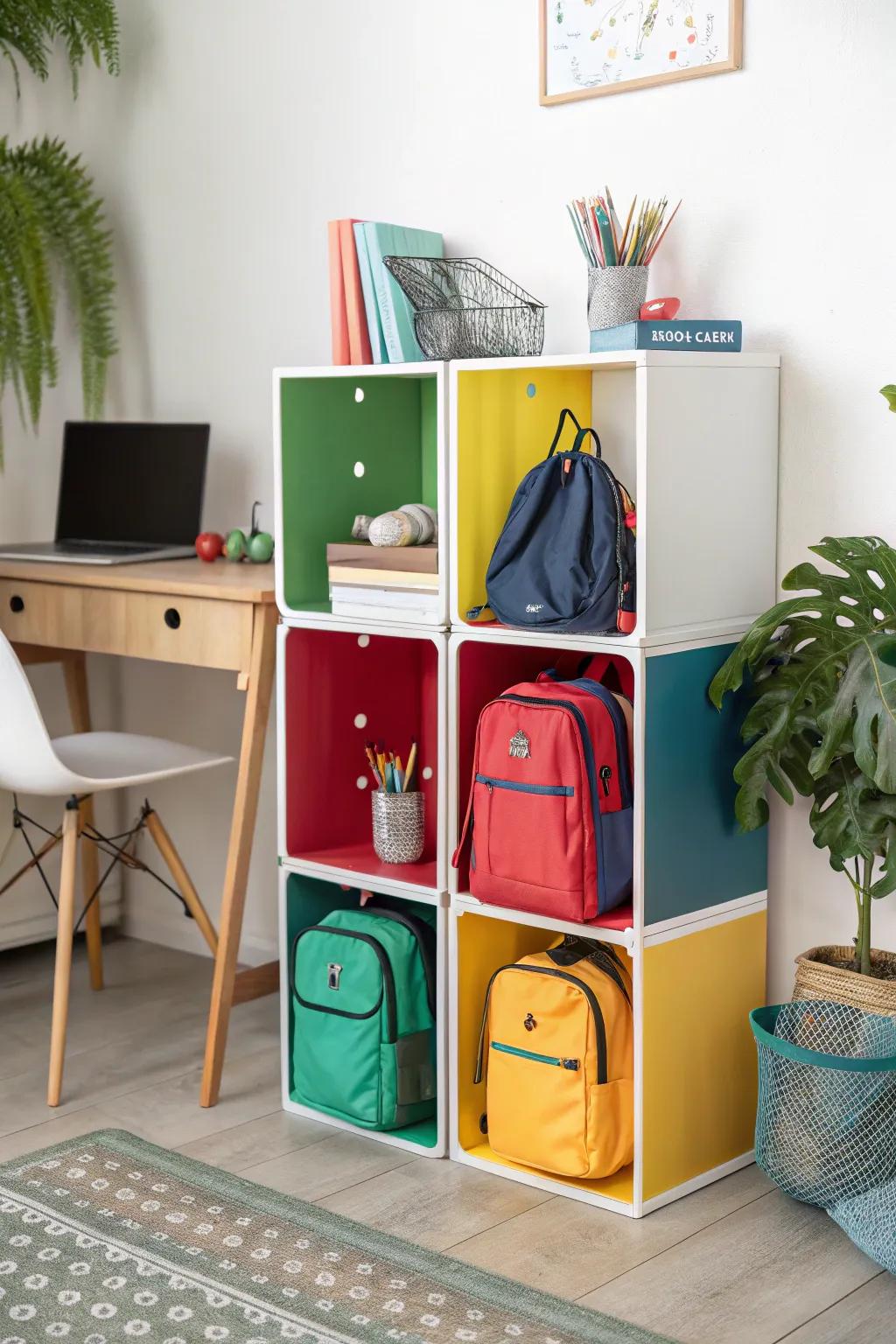 Stackable cubbies offer modular and flexible storage.