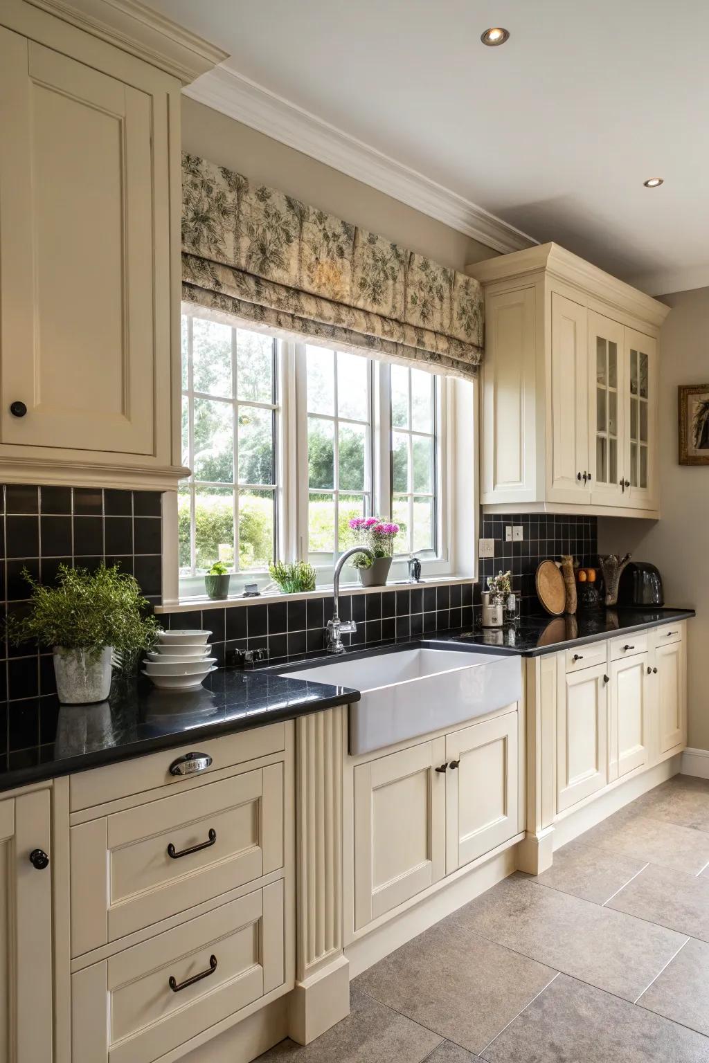 Bold black backsplash for a dramatic contrast.