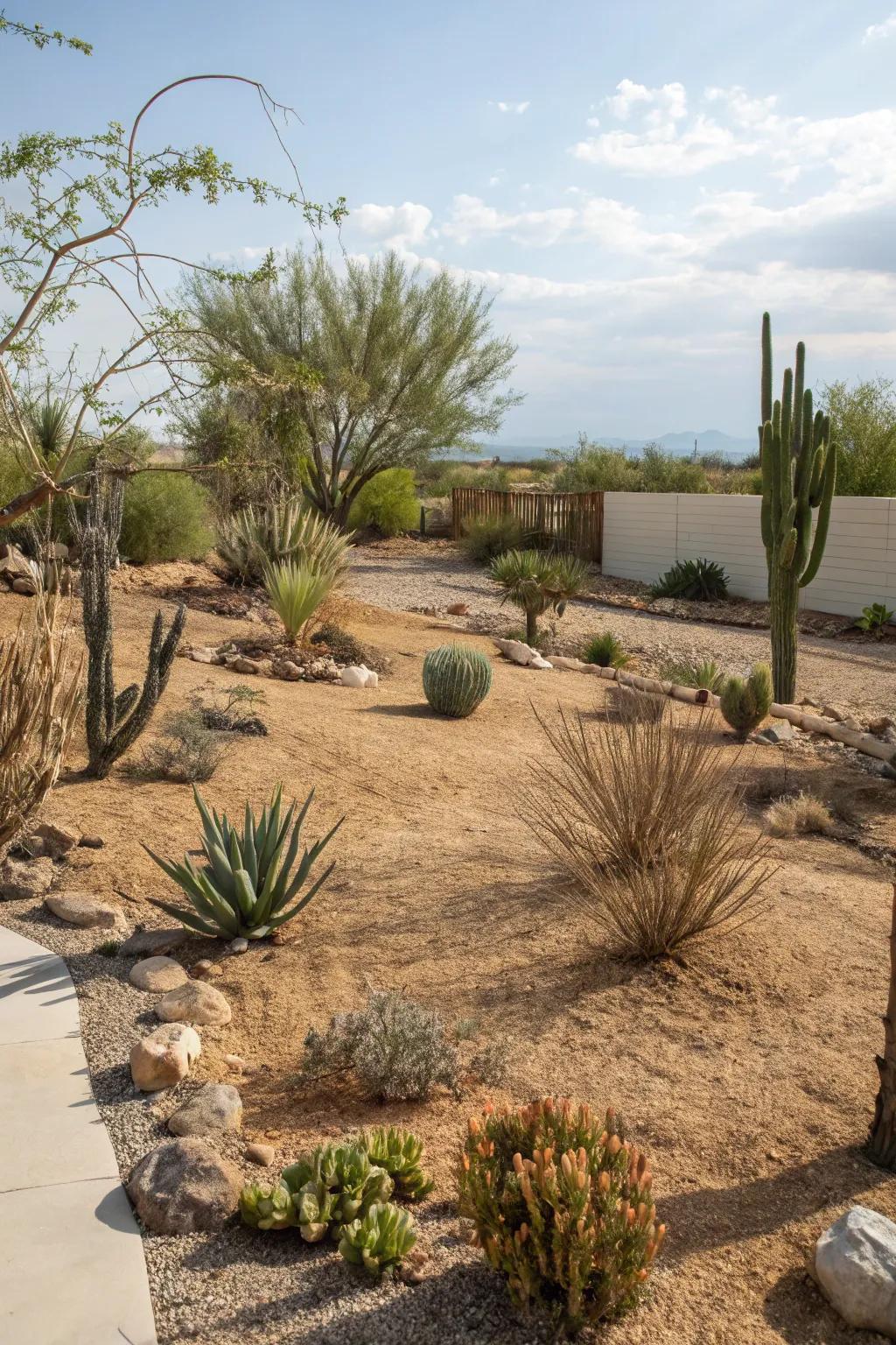 Natural mulch helps retain moisture and insulate plant roots in a desert garden.