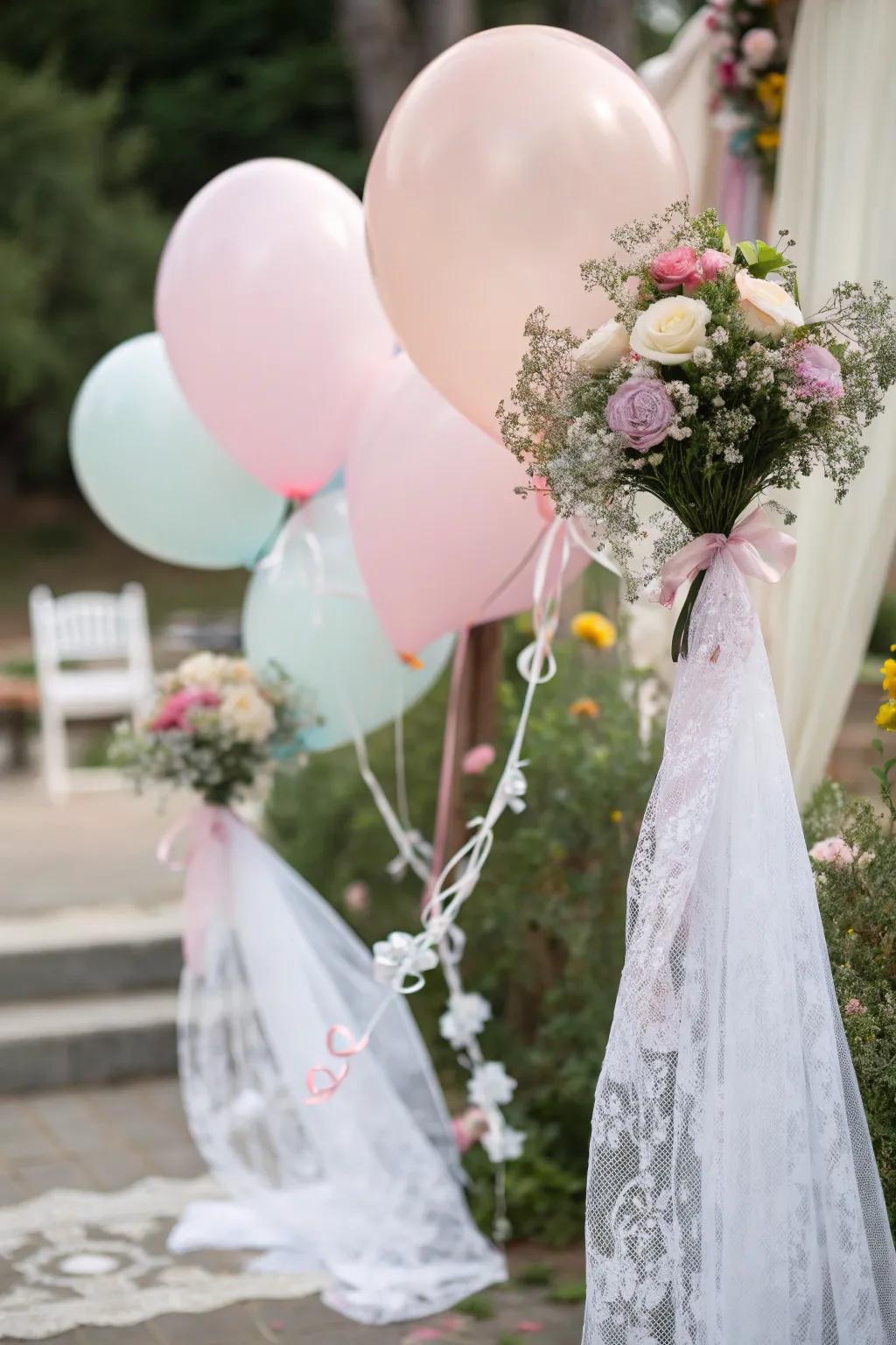 Tulle-wrapped balloons for a romantic touch.