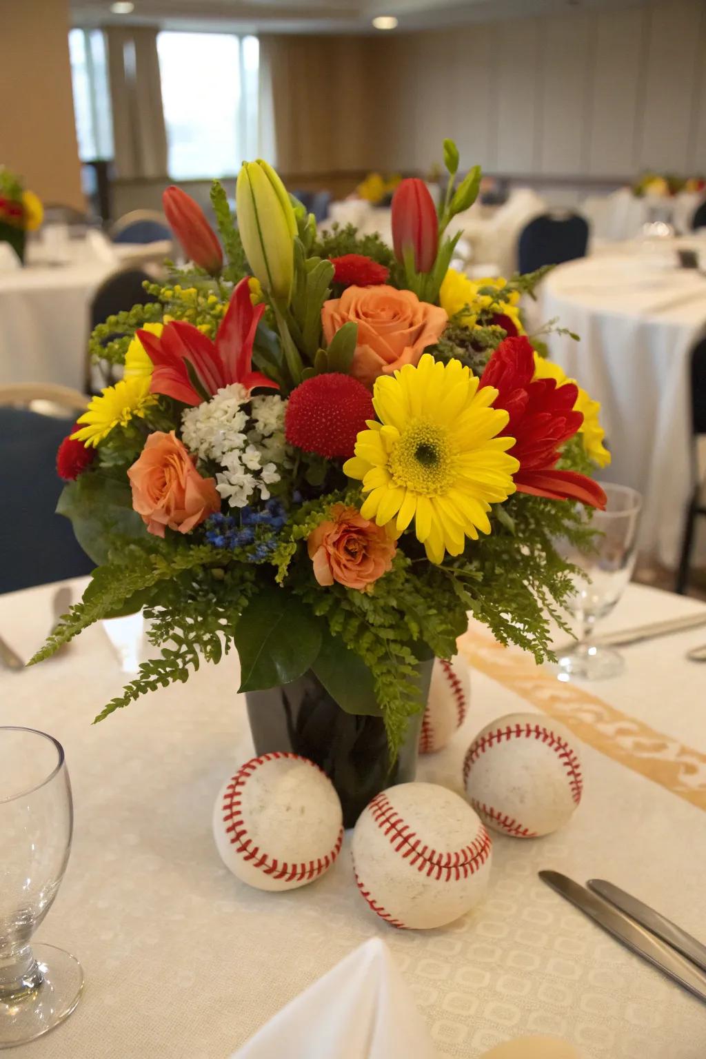 Showcase your team spirit with a vibrant floral and baseball arrangement.