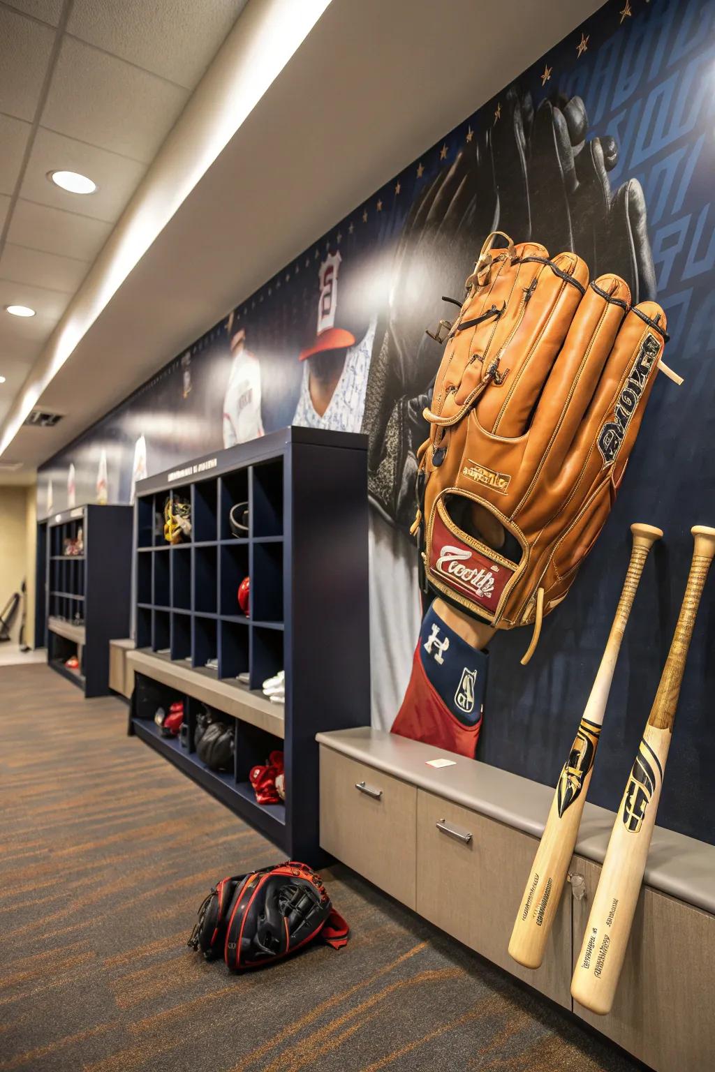 Add texture with a close-up baseball equipment mural.