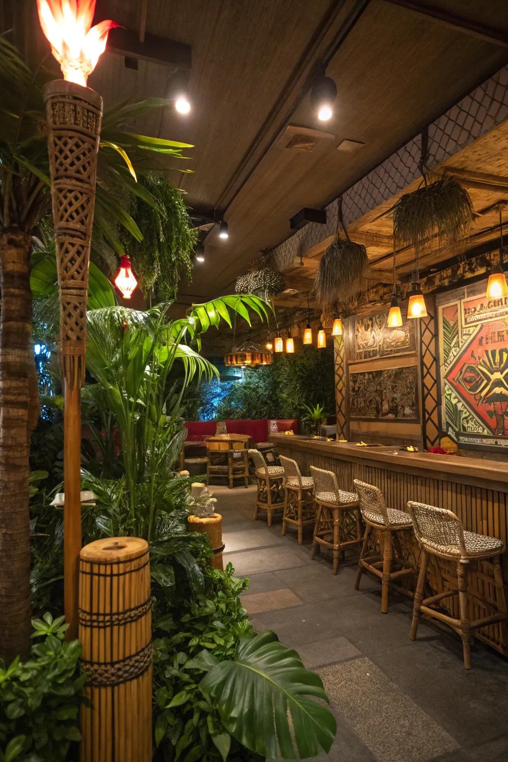 Create your own tropical escape with a tiki-themed bar.