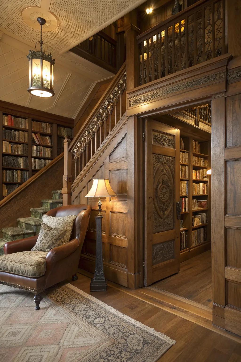 Discover the magic beneath the stairs: A hidden library nook for the ultimate escape.