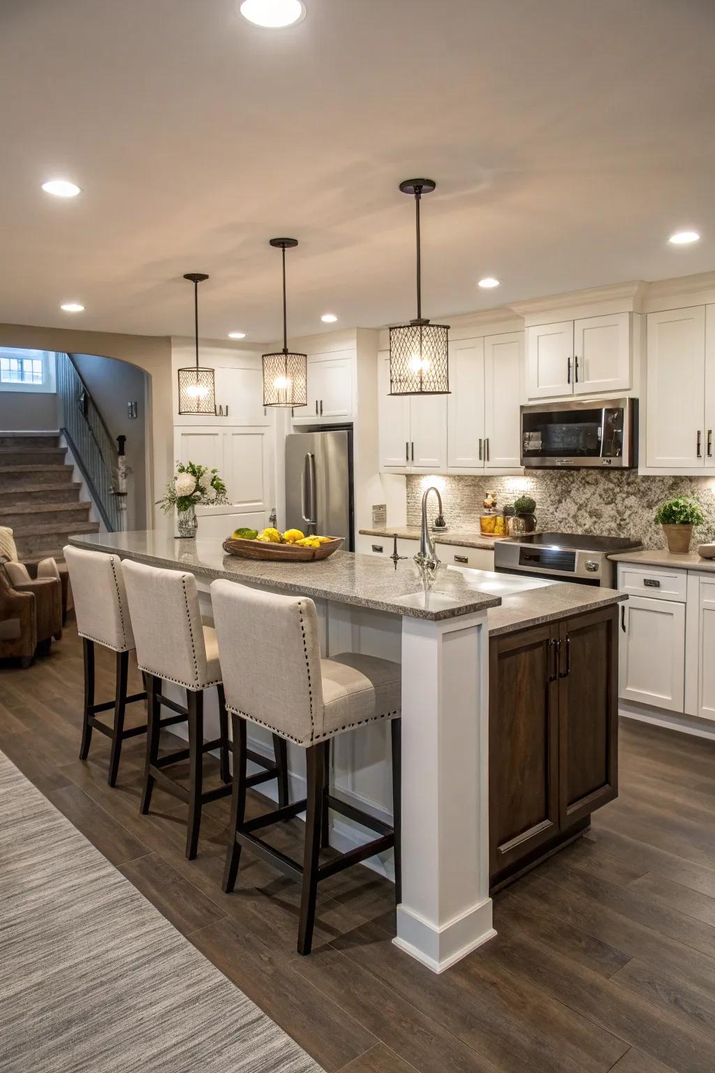 A kitchen island adds functionality and style to a basement kitchen.