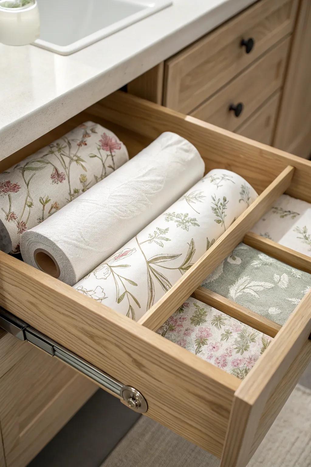 Transform your bathroom drawers with a touch of elegance using decorative wrapping paper for a chic, minimalist upgrade.